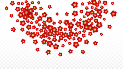 Vector Realistic Red Flowers Falling on Transparent Background.  Spring Romantic Flowers Illustration. Flying Asian Rose Spa Design. Blossom Confetti. Design Elements for Wedding Decoration.