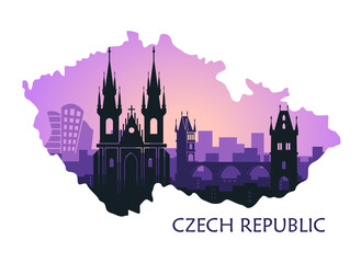 Landscape of Prague with sights. Abstract skyline in the form of a map of the Czech Republic
