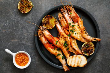 Grilled butterflied prawns