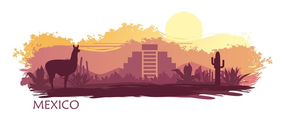 Stylized landscape of Mexico with a llama, cactuses and ancient pyramid.