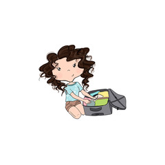 Brunette Girl Packs A Suitcase Isolated On A White Background Hand Drawn Illustration