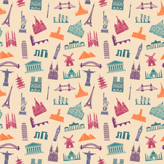 Seamless background with tourist attractions and architectural landmarks