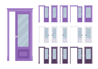 Doors classic set, wooden with glass, entrance to a building, room. Home, office design concept. Vector flat style cartoon illustration isolated on white background, different views, open and closed