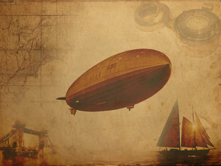 Obraz na płótnie Canvas Steampunk poster of London airship, sailboat, bridge and clock. Vintage travel background with airship, gears and cogs on grunge canvas paper