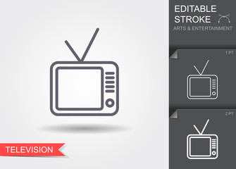 Television receiver. Line icon with shadow and editable stroke