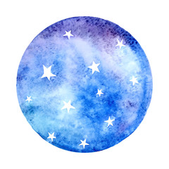 Vector watercolor space in shape of circle. Hand drawn illustration with paper texture. Round night sky with stars on white background.