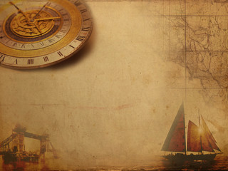 Fototapeta na wymiar Steampunk vintage paper travel map, clock sailboat ship, old retro grunge canvas background