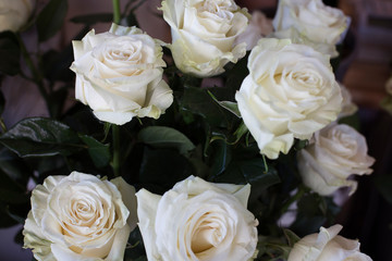 Delicate large bouquet of white roses. View from above