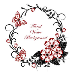 Beautiful floral background with butterflies in red and black colors with place for your text