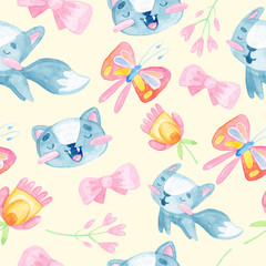 Fototapeta na wymiar watercolor illustrations. cartoon childhood seamless pattern. cute gray kitten, plants, butterflies, flowers, heart, bows