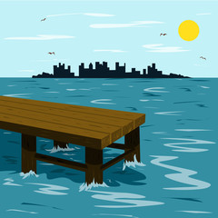 Wooden pier in the sea and the city on the horizon on a warm summer day. Illustration in flat style.