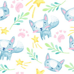 watercolor illustrations. cartoon childhood seamless pattern. cute gray kitten, plants, flowers, heart, bows