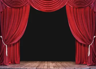 Foto op Plexiglas Leeg theaterpodium met houten plankenvloer en open rode gordijnen 3D Rendering © hd3dsh