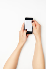 Woman hands on white background.