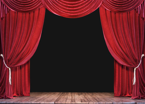 Empty theater stage with wood plank floor and open red curtains 3D Rendering  