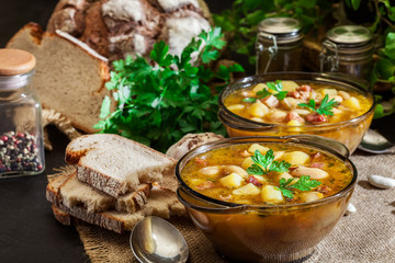 White bean soup with potatoes and bacon