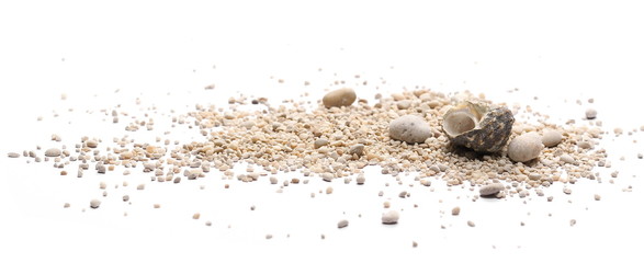 Sand with pebbles, rocks and seashells isolated on white background