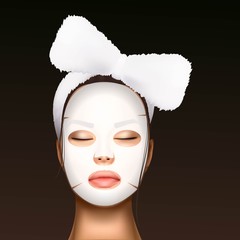 vector illustration of a realistic face of a young beautiful girl with a cosmetic bandage on her hair and moisturizing facial mask against the black dots