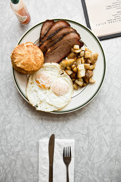 Overhead view of breakfast served on plate