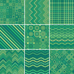 Set with nine green seamless abstract geometric pattern, vector illustration