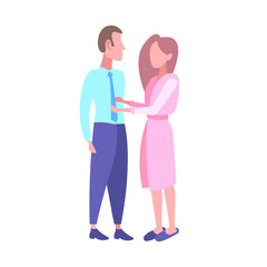 woman in bathrobe seeing off businessman in the morning before work happy couple lovers standing together full length flat white background