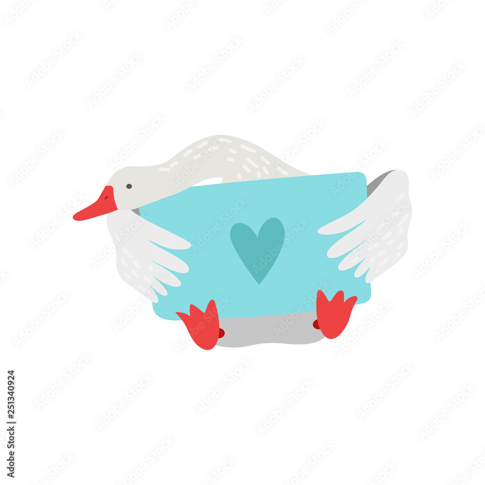 Canvas Prints Cute White Goose Cartoon Character Sitting and Holding Light Blue Signboard with Heart Vector Illustration