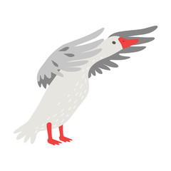 Cute White Goose Cartoon Character Flapping Its Gray Wings Vector Illustration