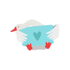 Cute White Goose Cartoon Character Sitting and Holding Light Blue Signboard with Heart Vector Illustration