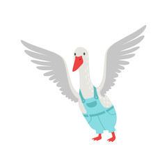 Cute White Goose Cartoon Character Flapping Its Wings Wearing Denim Overalls Vector Illustration