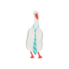 Cute White Male Goose Cartoon Character Wearing Necktie Vector Illustration