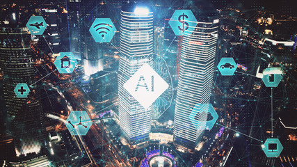 AI (Artificial Intelligence) concept. deep learning. Double exposure city background.