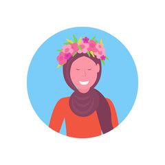 arab woman face avatar girl in wreath of flowers arabic female cartoon character portrait white background flat