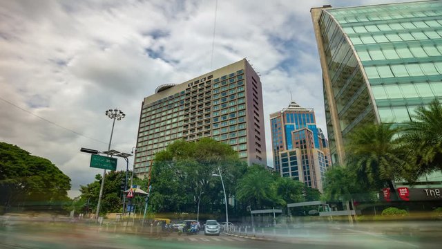 sunny day bangalore city famous downtown traffic street square panorama 4k timelapse india