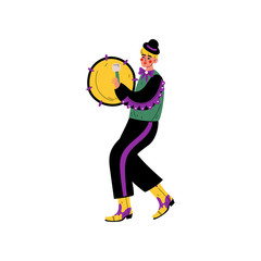 Young Man in Bright Traditional Mardi Gras Costume Celebrating Carnival Party with Tambourine Vector Illustration