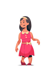 happy smiling girl standing pose little child in pink dress female cartoon character full length flat white background vector