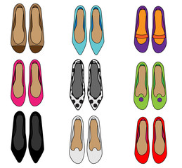Woman shoes top view. Female fashion slippers set. Collection of vector icons