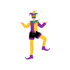 Young Man Wearing Bright Traditional Mardi Gras Costume and Jester Headgear Celebrating Carnival Party Vector Illustration