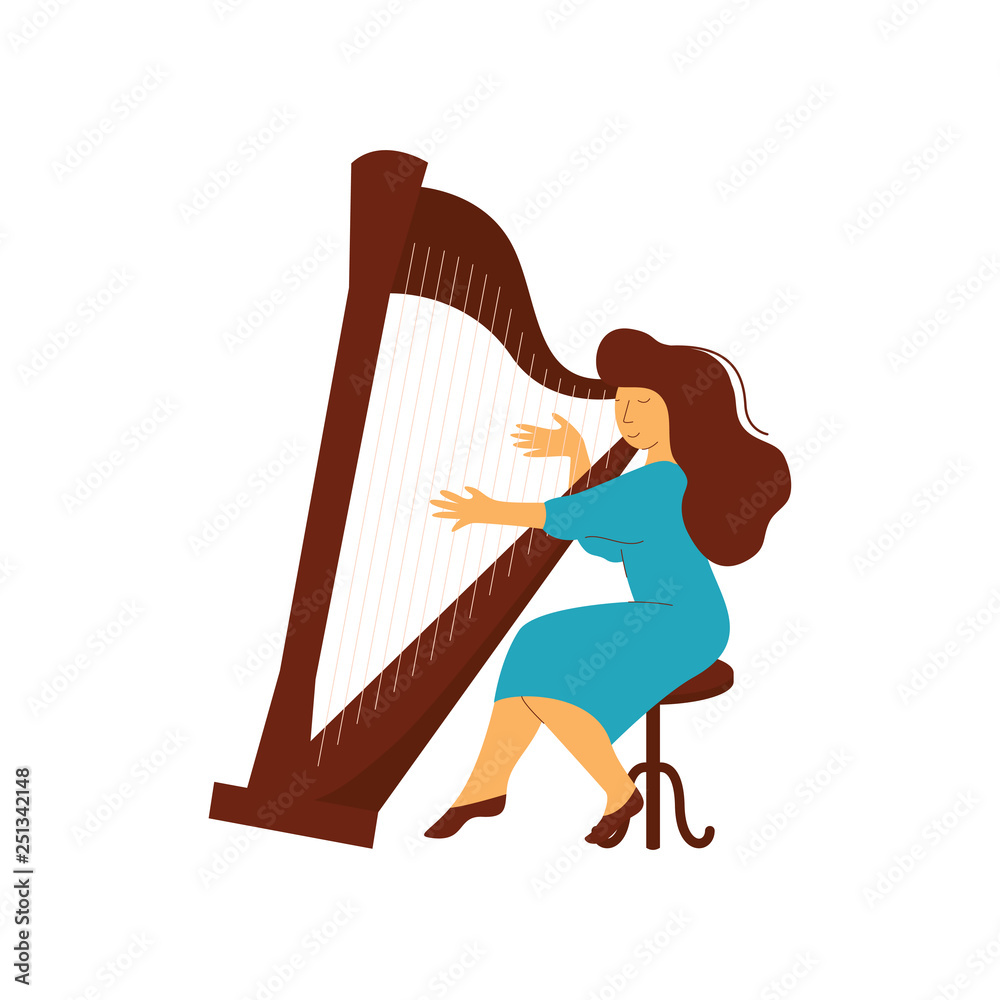 Sticker Female Musician Playing Harp Classical Musical Instrument Vector Illustration