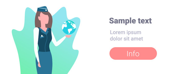 stewardess woman in uniform and hat holding globe airport crew worker professional occupation concept female cartoon character portrait flat copy space horizontal