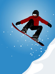 Snowboarder jumping against blue sky.