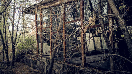 old destroyed building in an abandoned park Chernobyl Ukraine