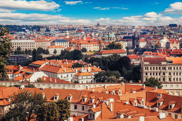 Fototapeta na wymiar View of colorful Prague europe castle and old town with red tile roofs, Czech Republic. Concept travel