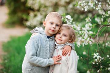 Fototapeta premium Photo cute blue-eyed blonde children, boy and girl, brother and sister, preschool age on nature, weather in arms, near blooming cherry / apple-tree portrait