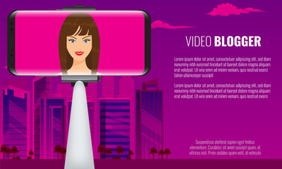 Monopod Selfie stick with girl face making travel video blogger. City view on background. Vector illustration.