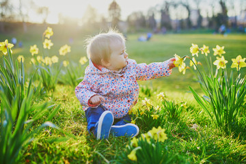 One year old girl sitting on the grass with yellow narcissi