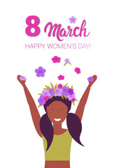 woman in wreath of flowers raising hands happy women day 8 march holiday celebration concept african american female character portrait vertical greeting card