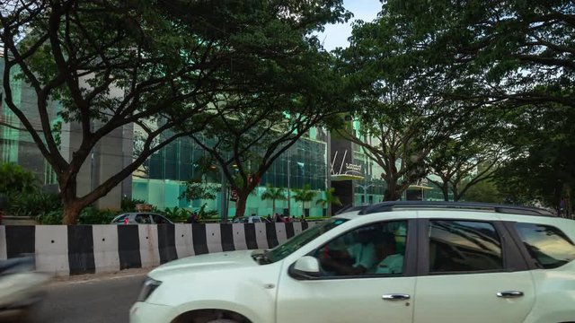 bangalore city famous mall traffic street day time panorama 4k timelapse india