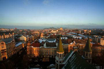 Beautiful cityscape of Lviv in Ukraine at sunset from above.