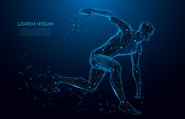 Human body low poly wireframe. Athlete, Running man from triangles, low poly style. sport concept.Vector polygonal futuristic image. Polygonal wireframe mesh art - obrazy, fototapety, plakaty