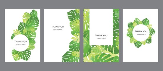 Drawn bright tropic monstera cards templates set, universal design